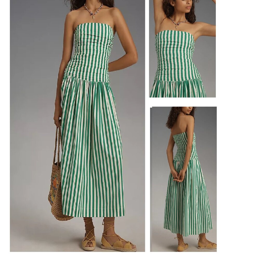 NEW RHODE SELMA STRAPLESS FIT & FLARE DRESS IN GREEN CAROCAO STRIPE SZ 4